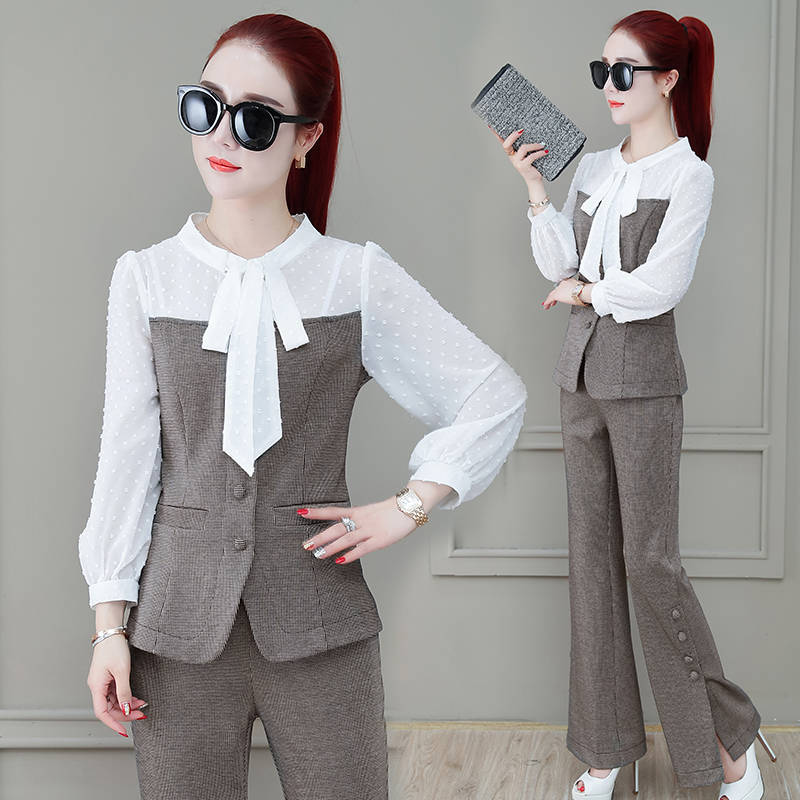 

Fashion Women Shredded Blouse Long Sleeve Suits Single Breasted Blazer Pants Define Office Ladies Sets of Two Pieces Yyik, Grey.