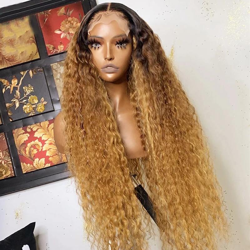 

Ombre Blonde Lace Front Wigs Human Hair Curly Brazilian Virgin Hair Wigs Pre Plucked Human with Baby 250% Density, #27