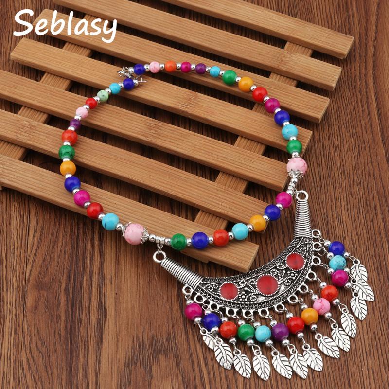 

Seblasy Boho Maxi Natural Stone Beads Moon Leaves Tassel Necklaces pendants for Women Simple Style Valentine's Day Jewelry