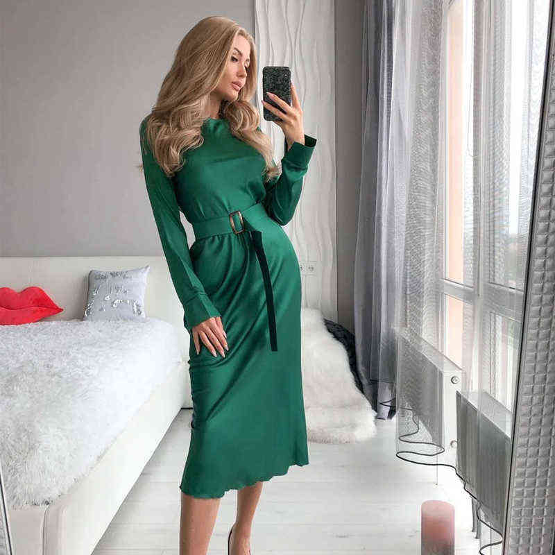 

Fashion Satin Midi Women Dress Long Sleeve o Neck Belt Bodycon Slim Sexy Party Cub Long Dress 2020 High Waist Elegant Dress G1223, Br