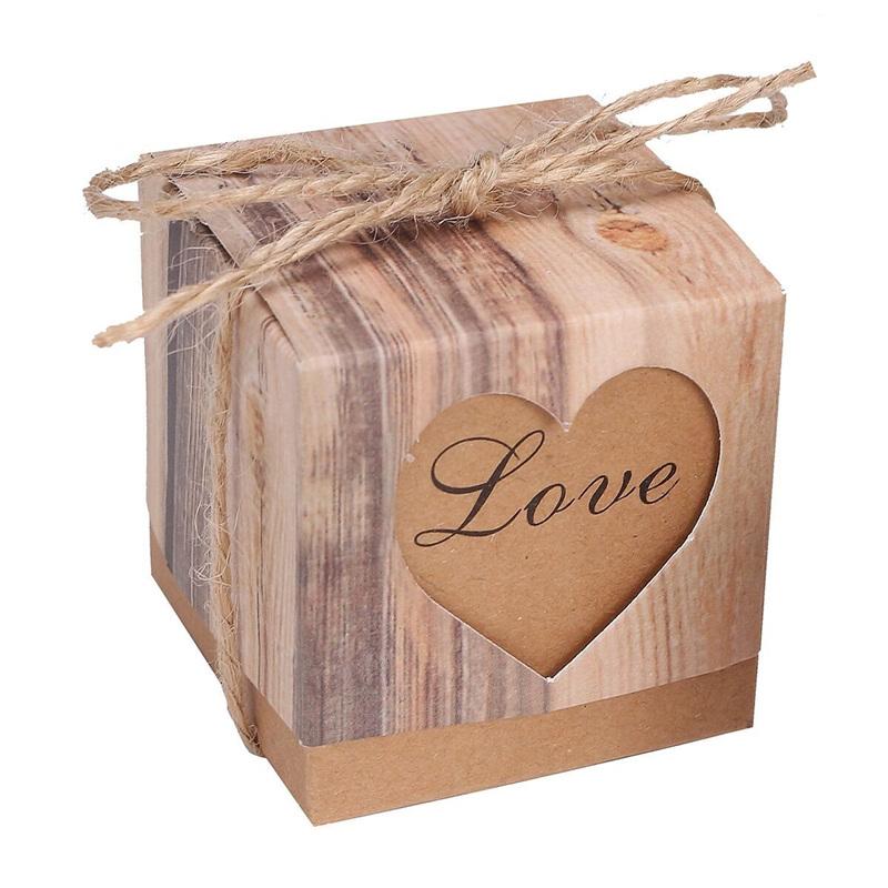

50Pcs/Set Wedding Candy Boxes Square Heart Chocolate Gift Box Kraft Gift Bag with Burlap Twine Birthday Party Events Decoration