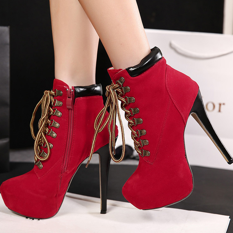

New 2021 Women Pumps Shoes Boots Cross Tied Sexy Stiletto Ankle Super High Heels Ladies Fashion Thin Heel 092s, Red
