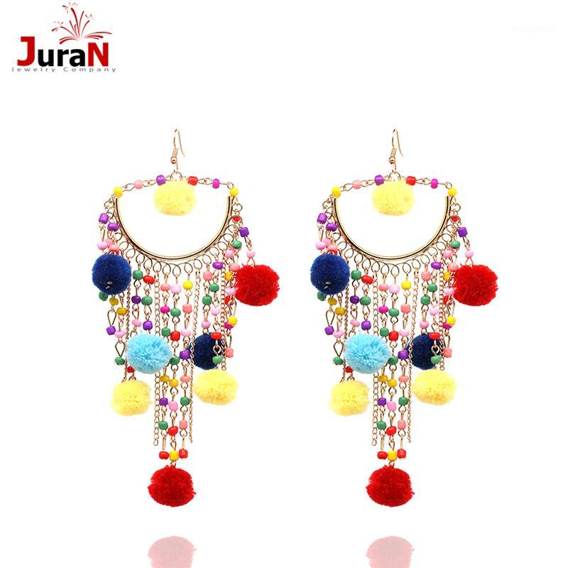 

JURAN Bohemia Multicolor Strand Pom Pom Hoop Fringe Earrings Exaggerate Handmade Ethnic Chinese Tassel Earring for Woman J500181