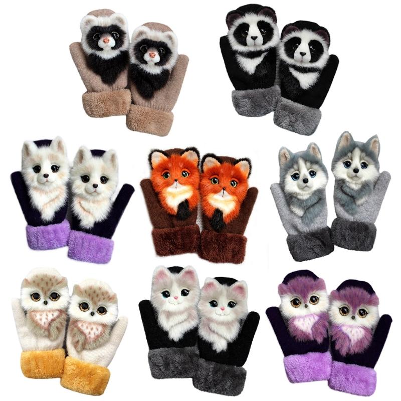 

Women Men Winter Knitted Gloves Cute 3D Fluffy Cartoon Animal Thermal Mittens