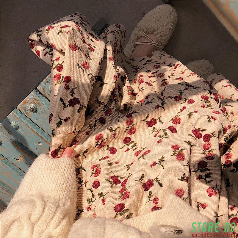 

Corduroy High Waist Winter Long Skirts A-line Women Flower Print Maxi Skirt Female Vintage Pleated Skirt Cute Girls Streetwear, Red