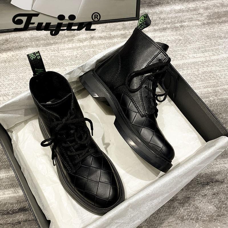 

fujin 2021 new women boots genuine leather cow lace up ankle women boots high quality comfortable Diamond design shoes, Green