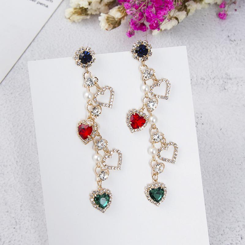 

Dominated new 2020 fashion Fine multicolor crystal heart Drop earrings long tassel Hyperbole style pearl Women earrings joker1
