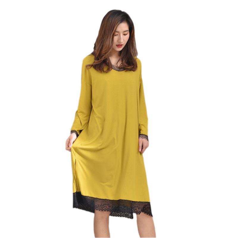 

Summer Loose Modal Sleeping Skirt Summer Long Sleeve Lace Nightwear Plus Size Long Nightgowns Sexy Sleepshirts Naked Sleeping, Khaki