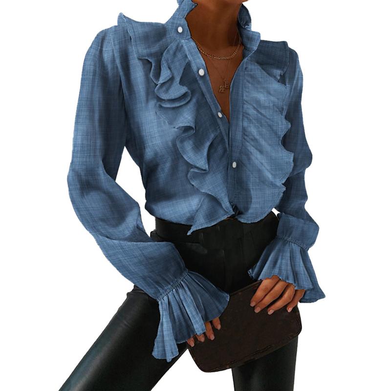 

Women' Blouses & Shirts 2021 Women Chic Ruffles Long Sleeve Workwear Stand Collar Ladies Elegant Buttons Casual Office Clothes, Beige