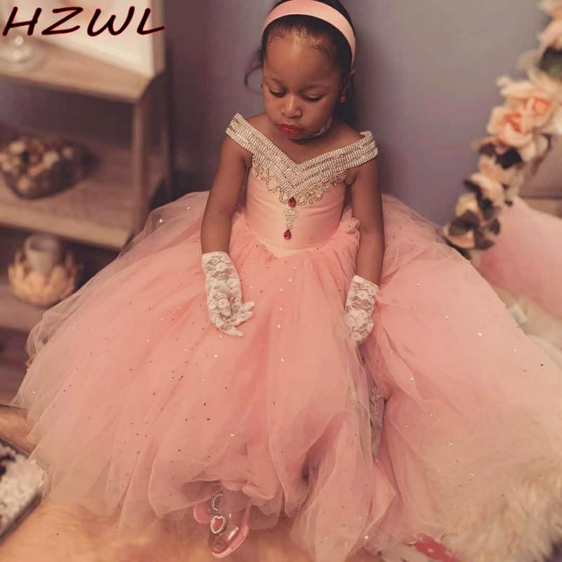 

Pink Crystals Beaded Flower Girl Dresses With V-neck Balll Gown Sequins Tulle Little Girl First Communion Dress Pageant Gowns, Beige