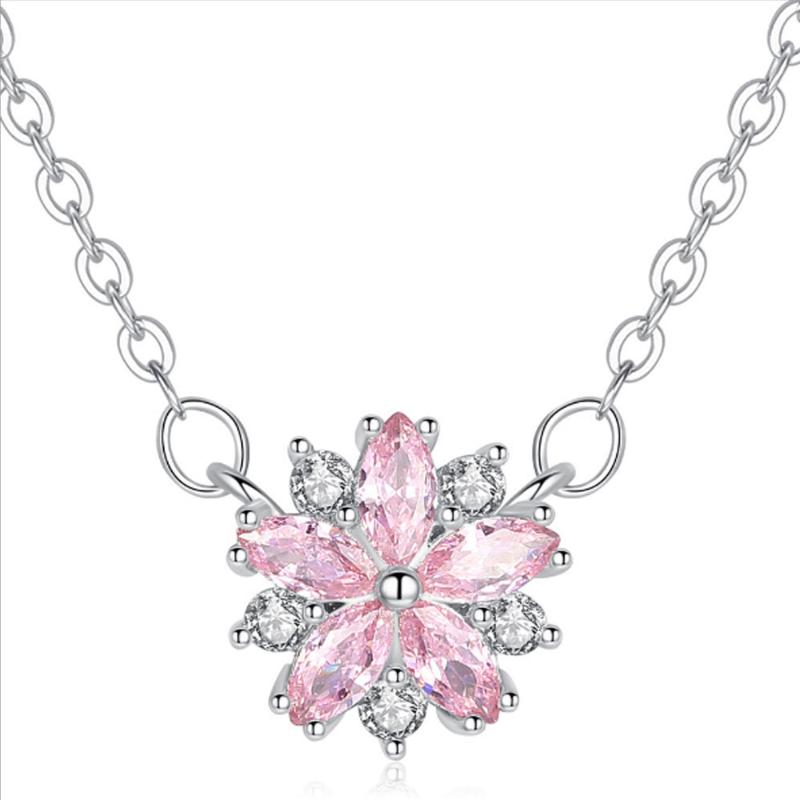 

Noble Pink Sakura Necklace for Women Silver Crystal Wedding Necklace Women Fashion Design Rhinestone Mujer Accessories
