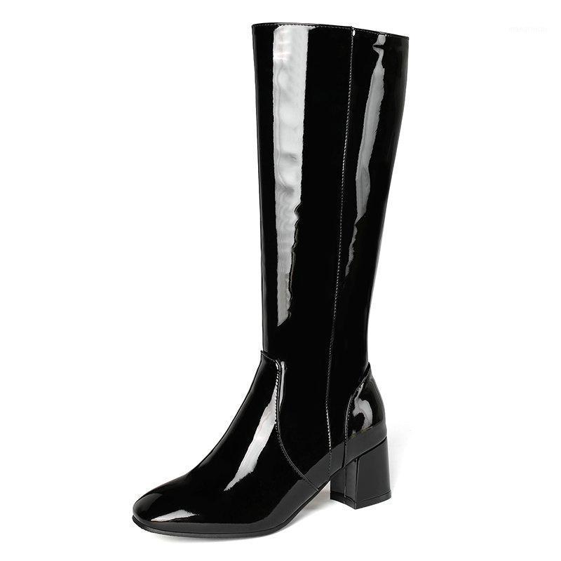 

2021 New Square High Heel Knee High Boots Autumn Winter All Match Long Boots PU Leather Zipper Women Shoes Big Size 34-431, Black
