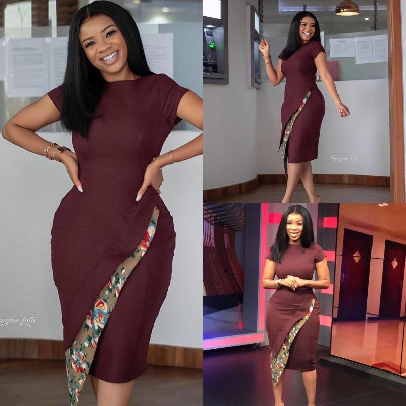 

HAOOHU Women Bodycon Dress Sexy Burgundy Patchwork High Neck Short Sleeves Party Rayon Zipper Plus Size Midi Irregular Dress