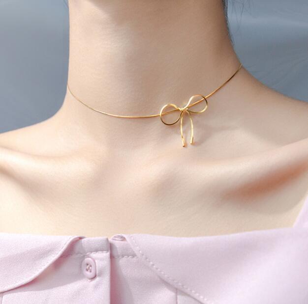 

925 Sterling Silver Bow Knot Choker Short Necklace Jewelry A2362