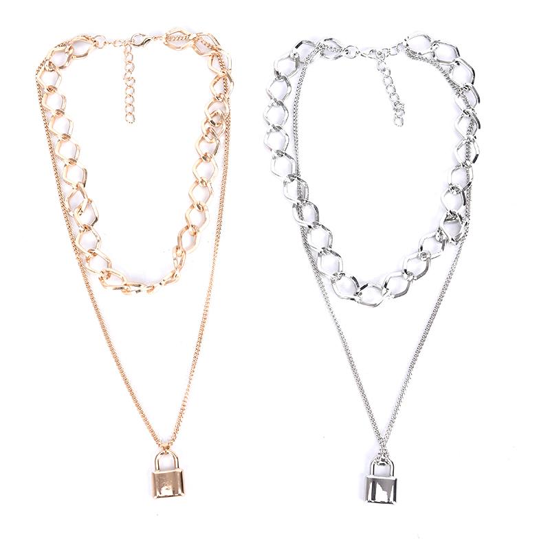 

Double Layer Lock Chain Necklace Punk Link Chain Silver Color Padlock Pendant Necklace Women Fashion Gothic Jewelry