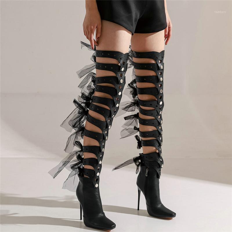 

US 3-US 12 Women Lace Up Straps Slim High Heel Evening Party Gladiator Sandals Female Cut Out Square Toe Thigh High Pumps Shoes1, Black 1