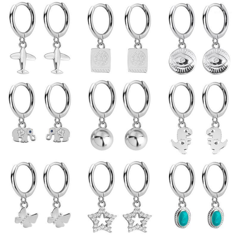 

2020 New Small 925 Sterling Silver Hanging Earrings for Women Eye Star Dinosaur Elephant Charm Small Hoop Earring DA11431