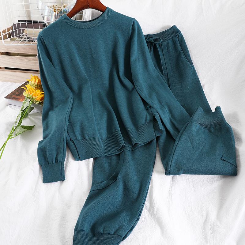 

Korean Style Loose Women Kintting 2 Piece Set 2020 Casual Streetwear Solid O Neck Pullover Sweater+high Waist Harem Pants Female, Khaki