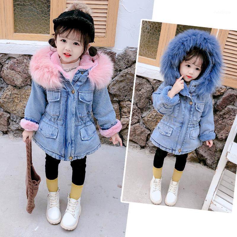 

Winter Girls Denim Jacket Children Cotton Hooded Windbreaker Kids Plus Thick Velvet Warm Hooded Fur Collar Parkas Outwear1, Blue
