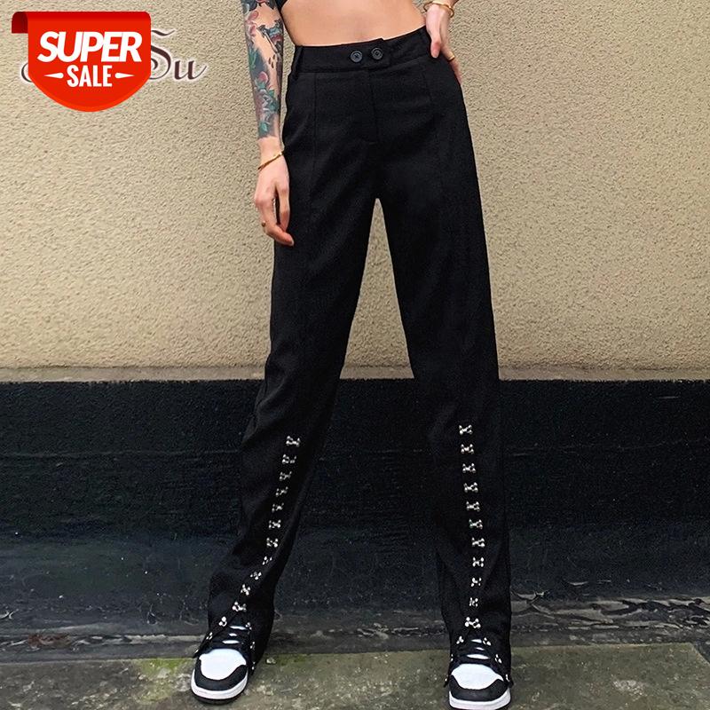 

ArtSu High Waist Gothic Pants Wide Leg Goth Punk Style Hip Hop Black Women Trousers Patchwork Rivet Loose Streetwear PA52505 #AR1p, Black;white