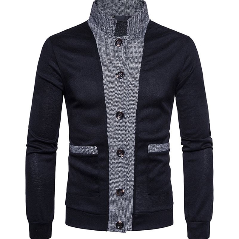 

Autumn Winter Men Cardigan Pactwork Long Sleeve Soft Mondarin Collar Thick clothes Cotton Casual Knitted Sweater Coat Pull Homme 201117, Burgundy