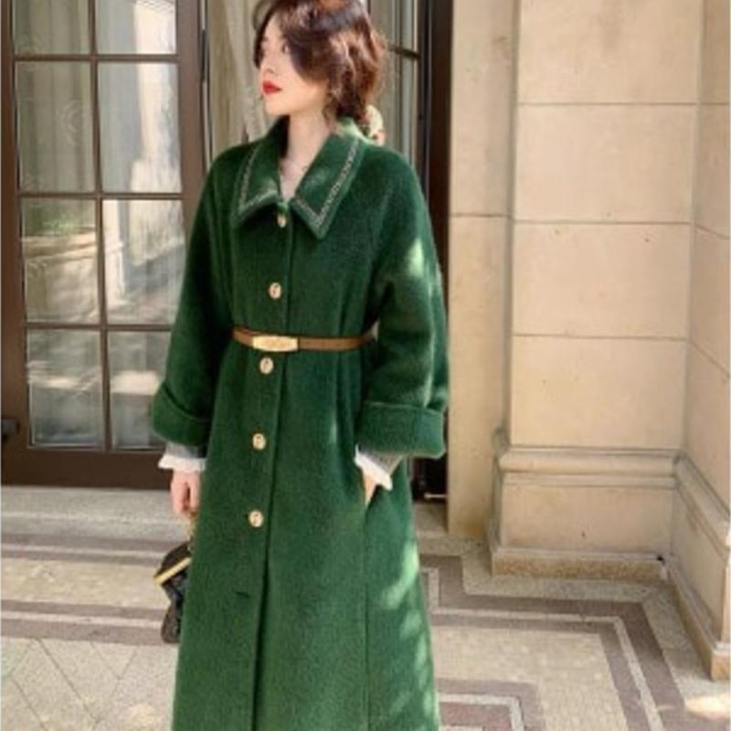

Autumn And Winter New Fashion White Woolen Women' Coat Green Long Loose Elegant Temperament, Black