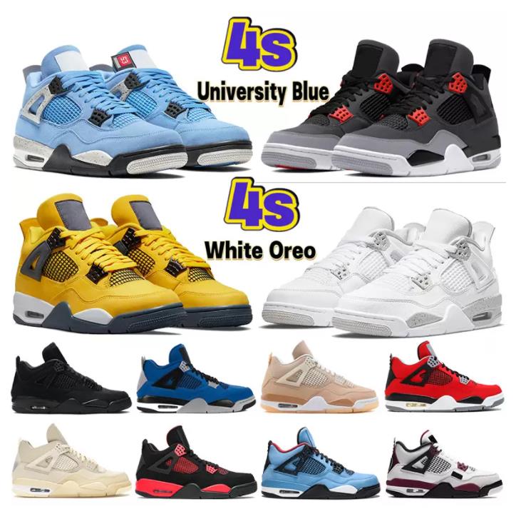 

Mens 4 4s basketball Shoes University blue white oreo Infrared shimmer red thunder metallic purple black cat paris bred men women sneakers trainers, Box