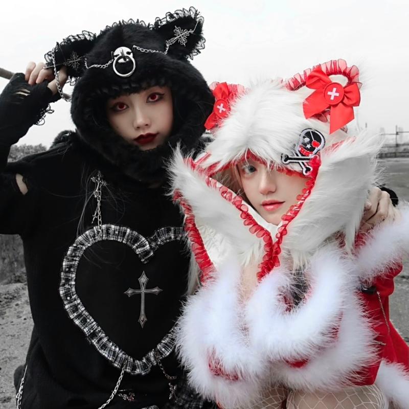 

Harajuku Gothic Grunge Mechanical Cat Ear Hat For Women Girls Winter Warm Cute Plush Hooded Gloves Scarf Caps Cosplay Streetwear, White