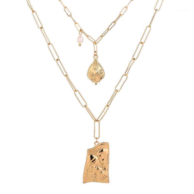 

Punk Gothic Lariat Bead Pendant Choker Necklace Women Wedding Vintage Portrait Irregular Square Coin Gold Color Long Chain New1