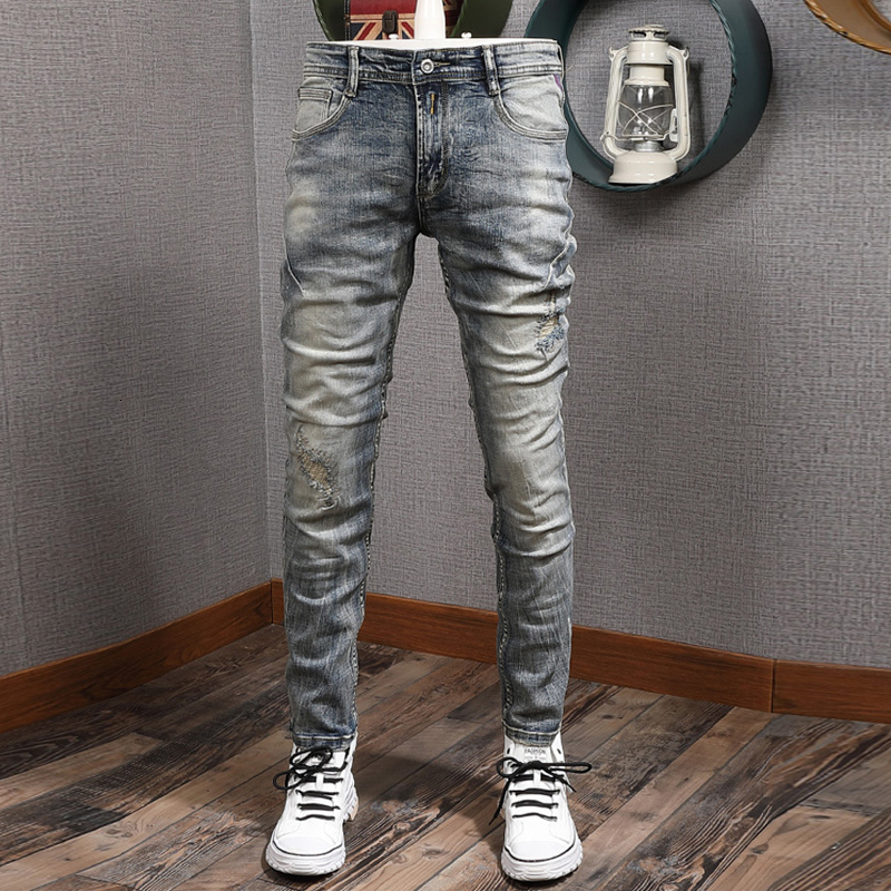 

2021 New Italian Style Fashion Men High Quality Slim Fit Elastic Ripped Jeans Retro Wash Autumn Newly Vintage Designer Denim Pants 4ejr, Retro color