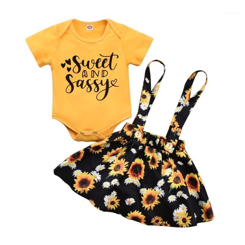 

Infant Toddler Newborn Baby Girls 2 Piece Outfits "Sweet and Sassy" Printed Romper Short Sleeve Top + Suspender Flower Skirt1, As pic