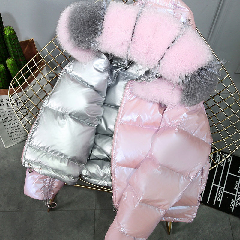 

White duck big neck double skin down lady jacket short 2020 bright winter pink silver tender bread, Black