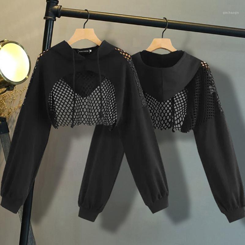 

Sport Cropped Sweatshirt Mesh Patchwork Hoodies Women Hoodie Skateboard Sport Clothes Gothic Long Sleeve Running Hoodie1, Black
