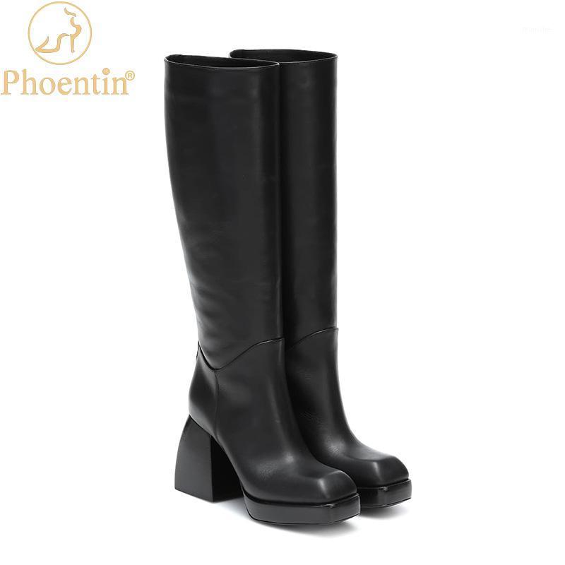 

Phoentin Sexy Leather Boots Knee High Platform Sturdy Shoes Fashion 2020 Chunky High Heels Square Toe Western Booties FT12711, Black