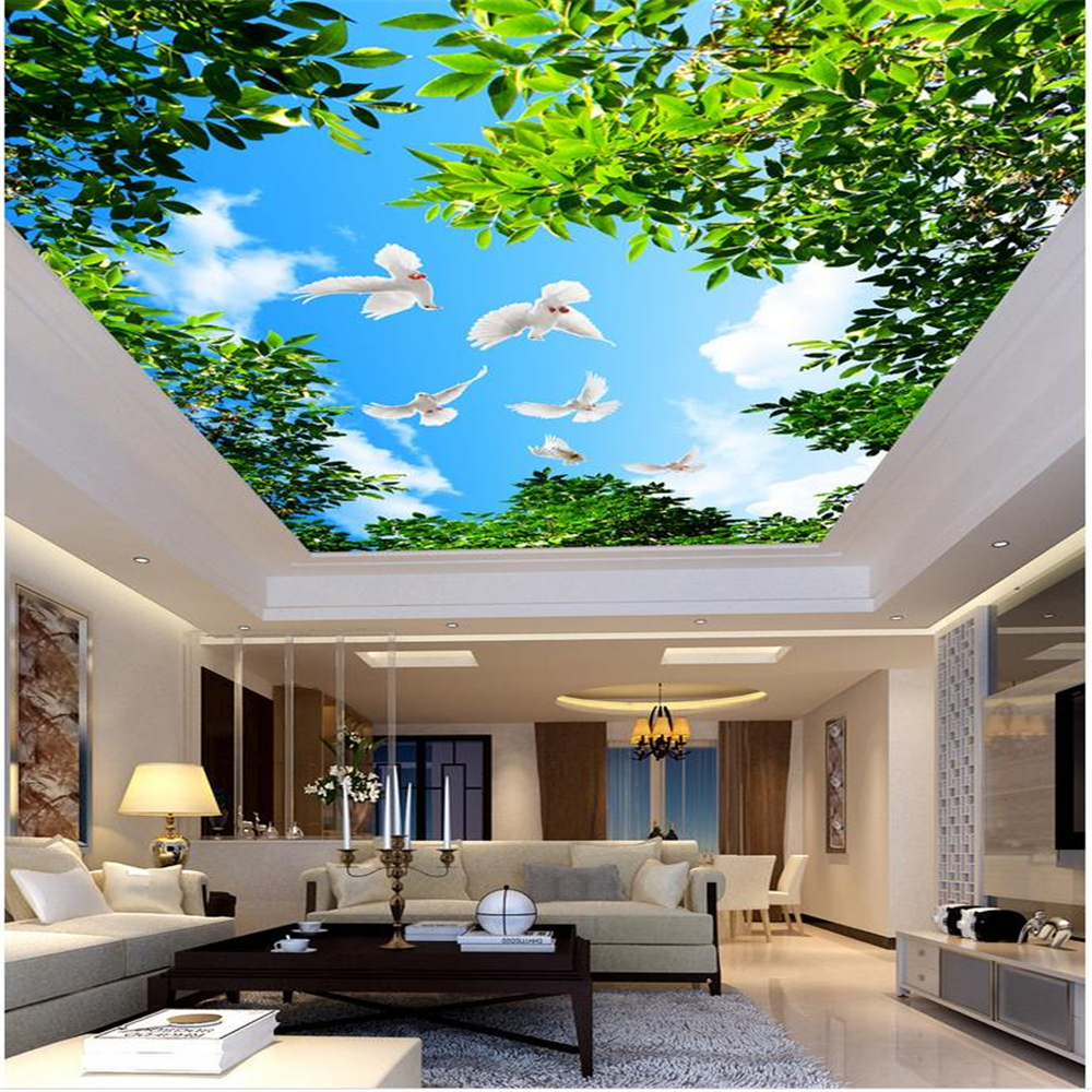 

Beautiful sky ceiling wallpaper branches blue sky white clouds white pigeon living room bedroom ceiling ceiling mural