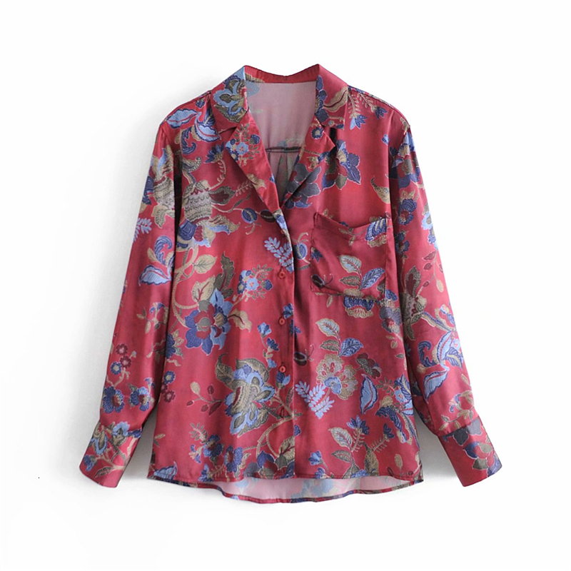 

2021 New Vintage Women Floral Print Shirts Fashion Ladies Turn Down Collar Tops Streetwear Female Chic Button Pocket Blouses Cu4q, Red
