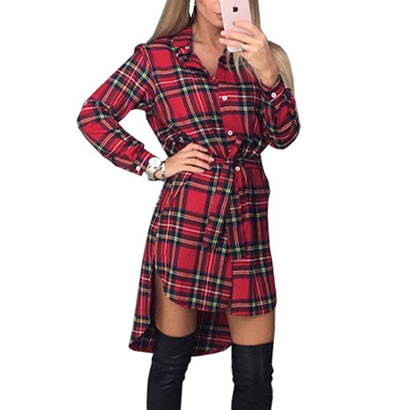 

Vintage Plaid Shirt Dress Women Autumn Turn-down Collar Belt Button Casual Dress Autumn Spring Long Sleeve Bandage Party Dresses, Red plaid