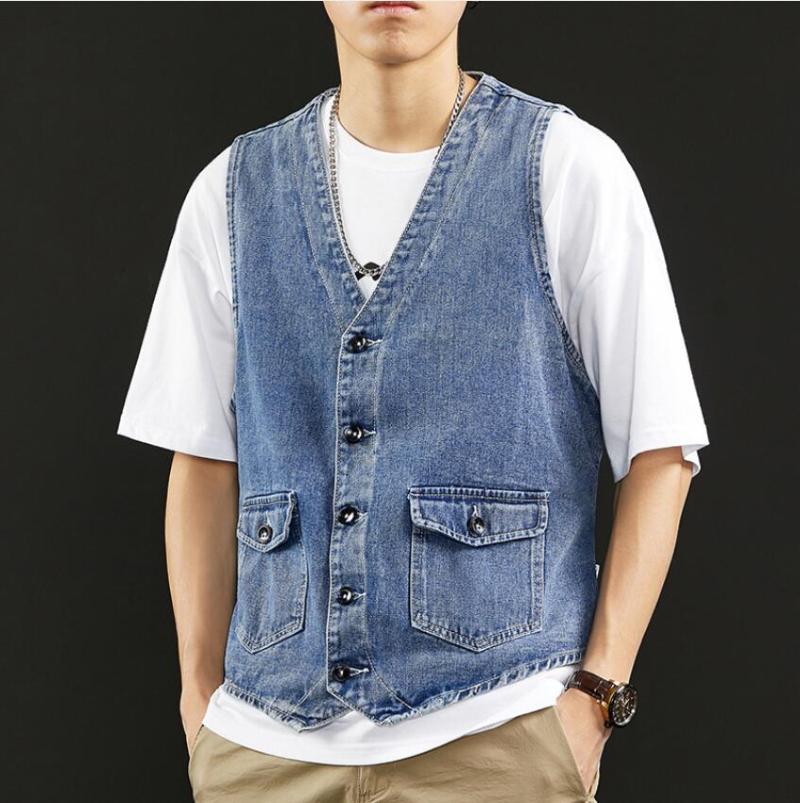 

2021 Mens Denim Vest Male Casual Vintage Sleeveless Fashion Outwear Cardigan Waistcoat Spring V-Neck Jeans Vests w1582, Blue