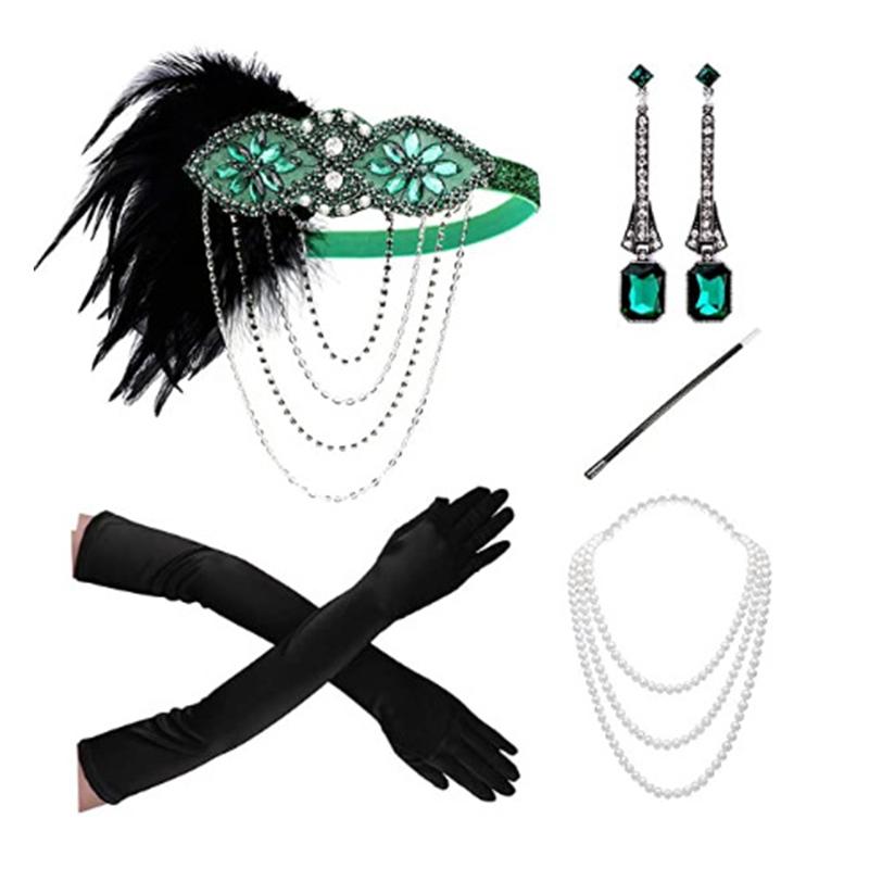 

5Pcs/set Women 1920S Headband The Great Gatsby Cosplay Stage Performance Retro Feather Headband Necklace Earring Accessories Set