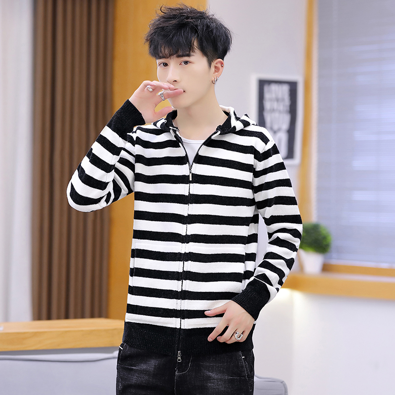 

New Men's Hooded jacket Streetwear Long sleeve Striped jacket Men Casual Slim Male jacket 2020 Zipper Men Clothing Coat, Black and white