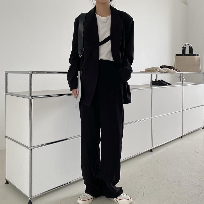 

2020 New Fashion Women Blazer Pants Suit Elegant Business Casual Loose Solid Formal Wear Long Sleeve 2 Piece Sets, Black