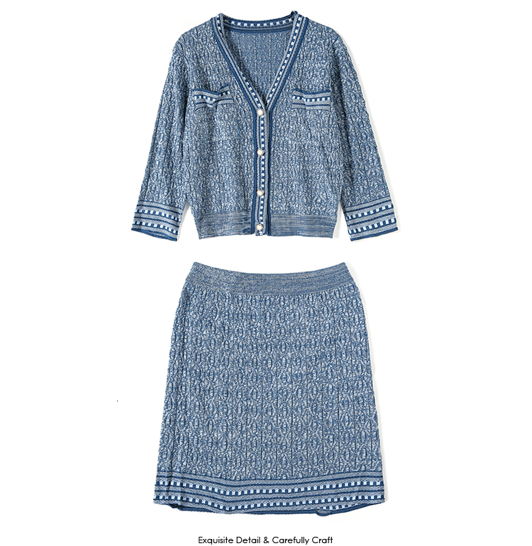 

2021 New Womens Two Piece Knitted Sweater Suit Autumn Vintage Pear Buttons Long Sleeve Cardigans + Bodycon Mini Skirt Set Ma17, Blue