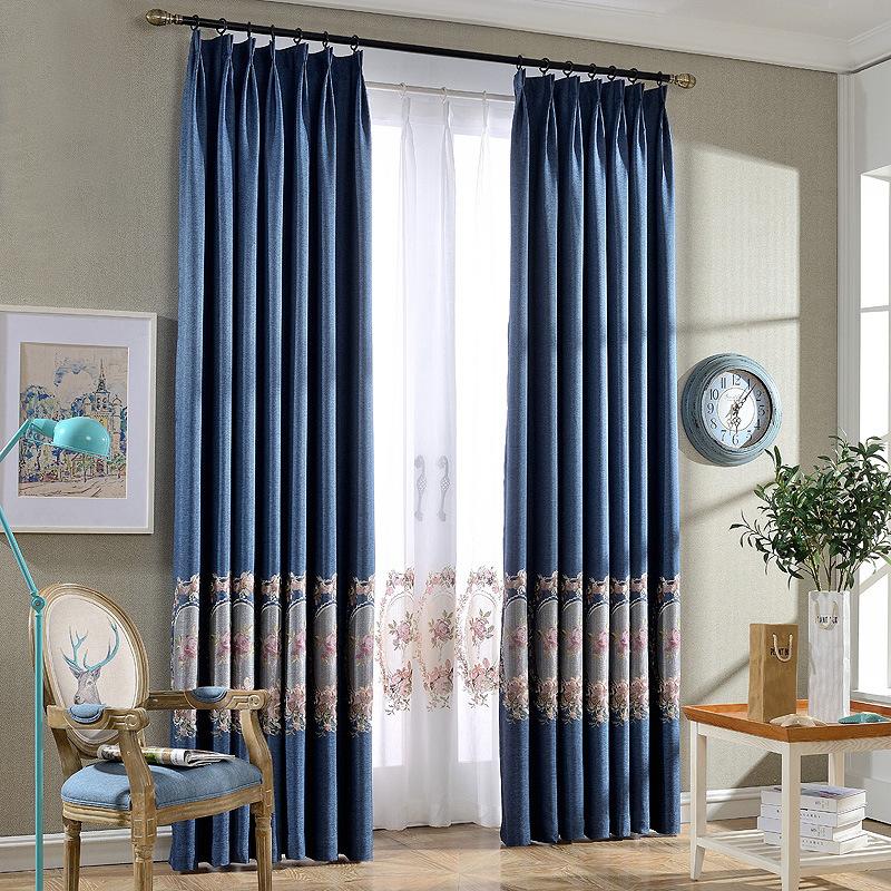 

European Modern Brief Style Linen Blockout Cloth Curtain Mirror Flowers Embroidered Curtain for Living Room Bedroom, Tulle curtain