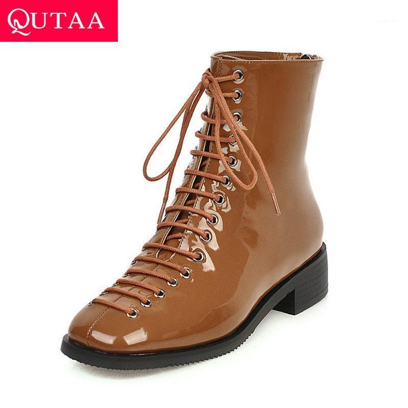 

QUTAA 2020 New Autumn Winter Round Toe Lace Up Ankle Boots PU Patent Leather Fashion Square Low Heel Women Shoes Size 34-431, Wine red