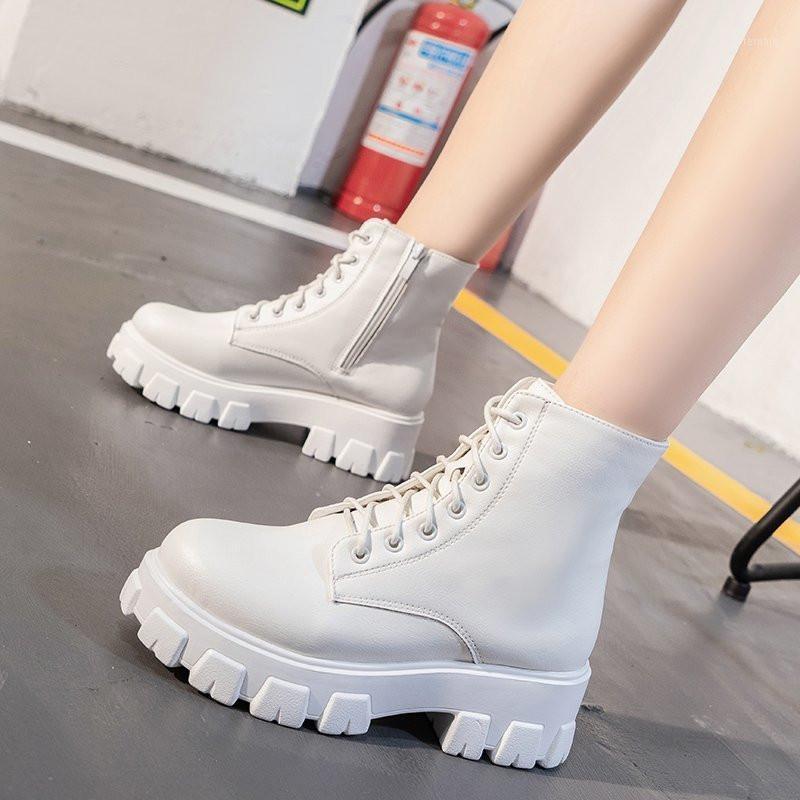 

COOTELILI Women Ankle Boots Platform Round Toe 5cm Heel Lace Up And Zip Fashion Shoes For Woman Botas Mujer Plus Size 41 42 431, White low top