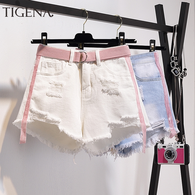 

TIGENA Cute Summer Denim Shorts For Women with Belt Pocket Plus Size 5XL High Waist Ripped jeans Shorts Female Short Pants Y200822, Blue