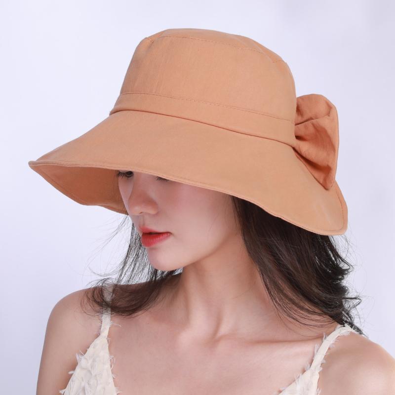 

2021 summer sun hat for uv protection ladies solid color fisherman hats for women bow cute cotton outdoor foldable basin hat, Yellow