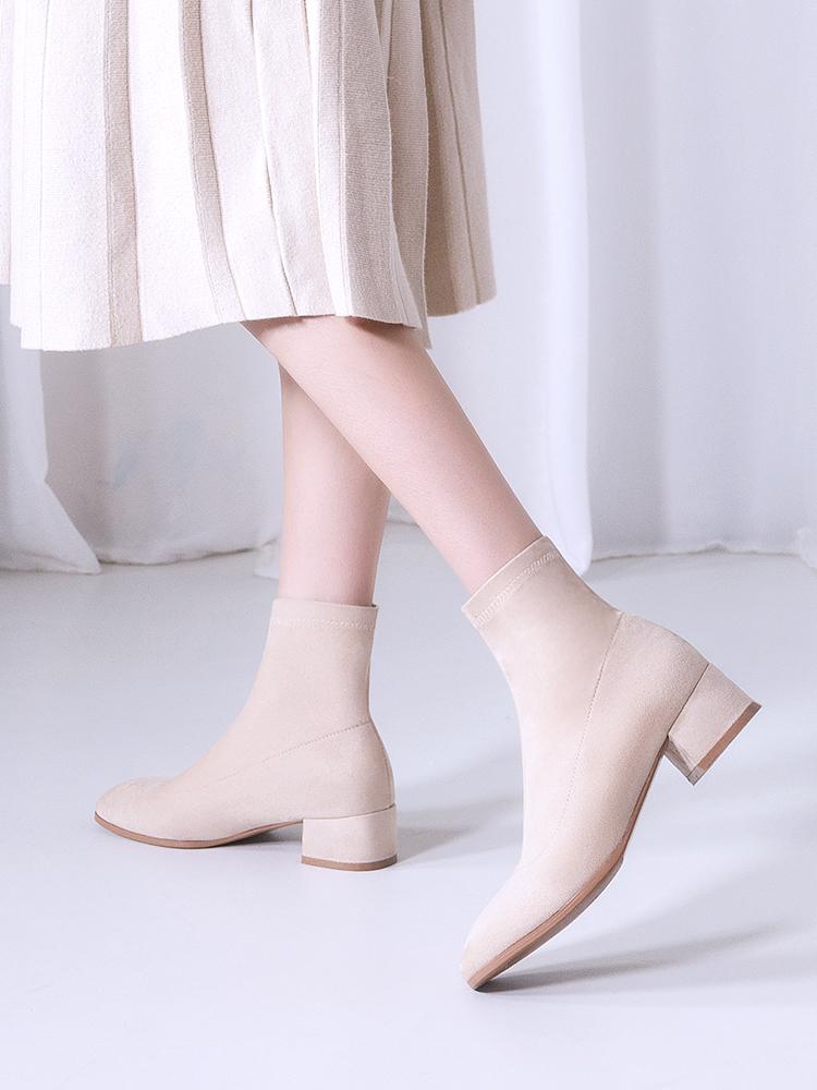 

Short boots women 2020 new autumn and winter Plush elastic boots, Beige
