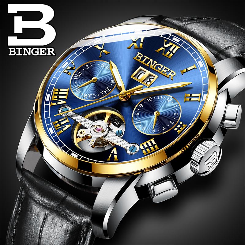 

Switzerland BINGER Brand Men Watches Automatic Mechanical Watch Tourbillon Sport Clock Leather Casual Business Wristwatch Mens, Orange