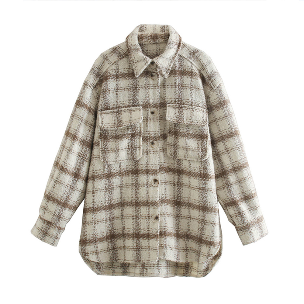 

Retro Plaid Jacket Women Autumn Oversized Coat 2020 New Casual Long Sleeve Coats Female Turn-Down Collar Outwear Jackets Warm, Oatmeal